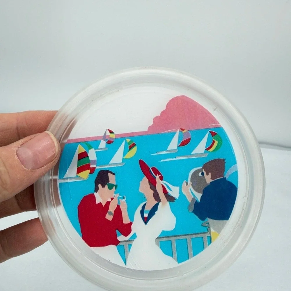 Vintage Kitsch Colorful Plastic Drink Coasters Vacation Scenes Set of 4 Barware